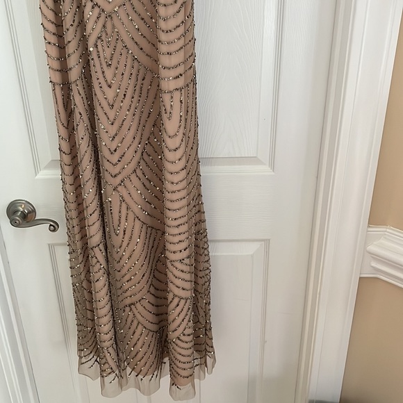 Adrianna Papell Art Deco Beaded Blouson Gown in Taupe Pink - Picture 6 of 9